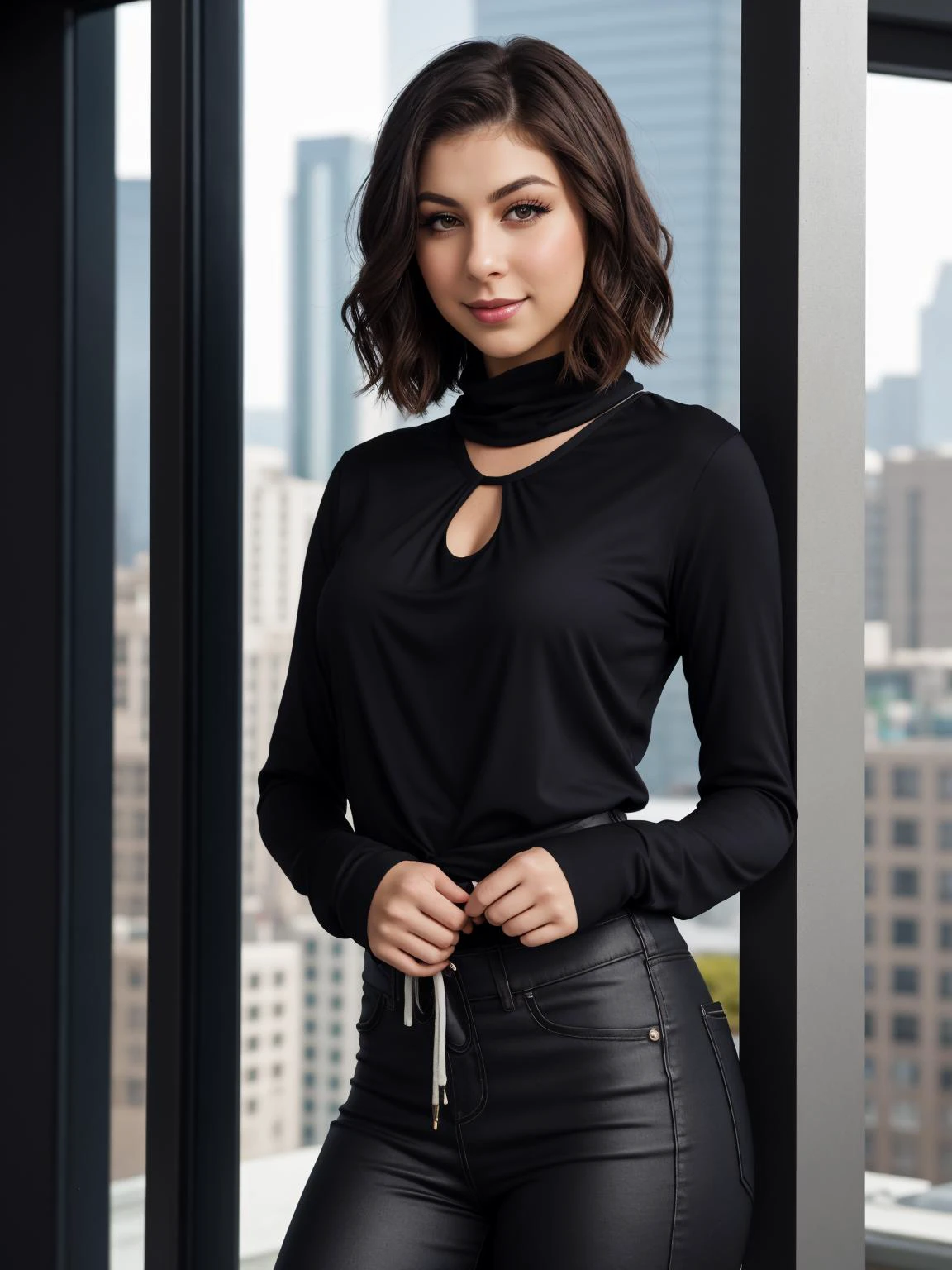 professional photo of Kira Kosarin, bob cut hair, perfect eyes, wearing bulky upper body clothing, cowl neck, sonic soundwave fabric, shiny, dreamstone pillars, long sleeves, maxi length, high waist, side pockets,, oversized lower body clothing, solar-polymer, techno lines texture, high-low hem, natural waist, drawstring waist,,coin pockets,,studs,,patch,,ripped or distressed look,keyhole back, gorgeous smile, crystal canyon skyscraper window,amphibian,billboard,mountain ash, sophisticated and polished makeup, low lighting, moody, large depth of field, deep depth of field, highly detailed, three quarter shot