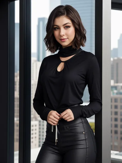 professional photo of Kira Kosarin, bob cut hair, perfect eyes, wearing bulky upper body clothing, cowl neck, sonic soundwave fabric, shiny, dreamstone pillars, long sleeves, maxi length, high waist, side pockets,, oversized lower body clothing, solar-polymer, techno lines texture,  high-low hem, natural waist, drawstring waist,,coin pockets,,studs,,patch,,ripped or distressed look,keyhole back, gorgeous smile,  crystal canyon skyscraper window,amphibian,billboard,mountain ash, sophisticated and polished makeup, low lighting, moody, large depth of field, deep depth of field, highly detailed, three quarter shot