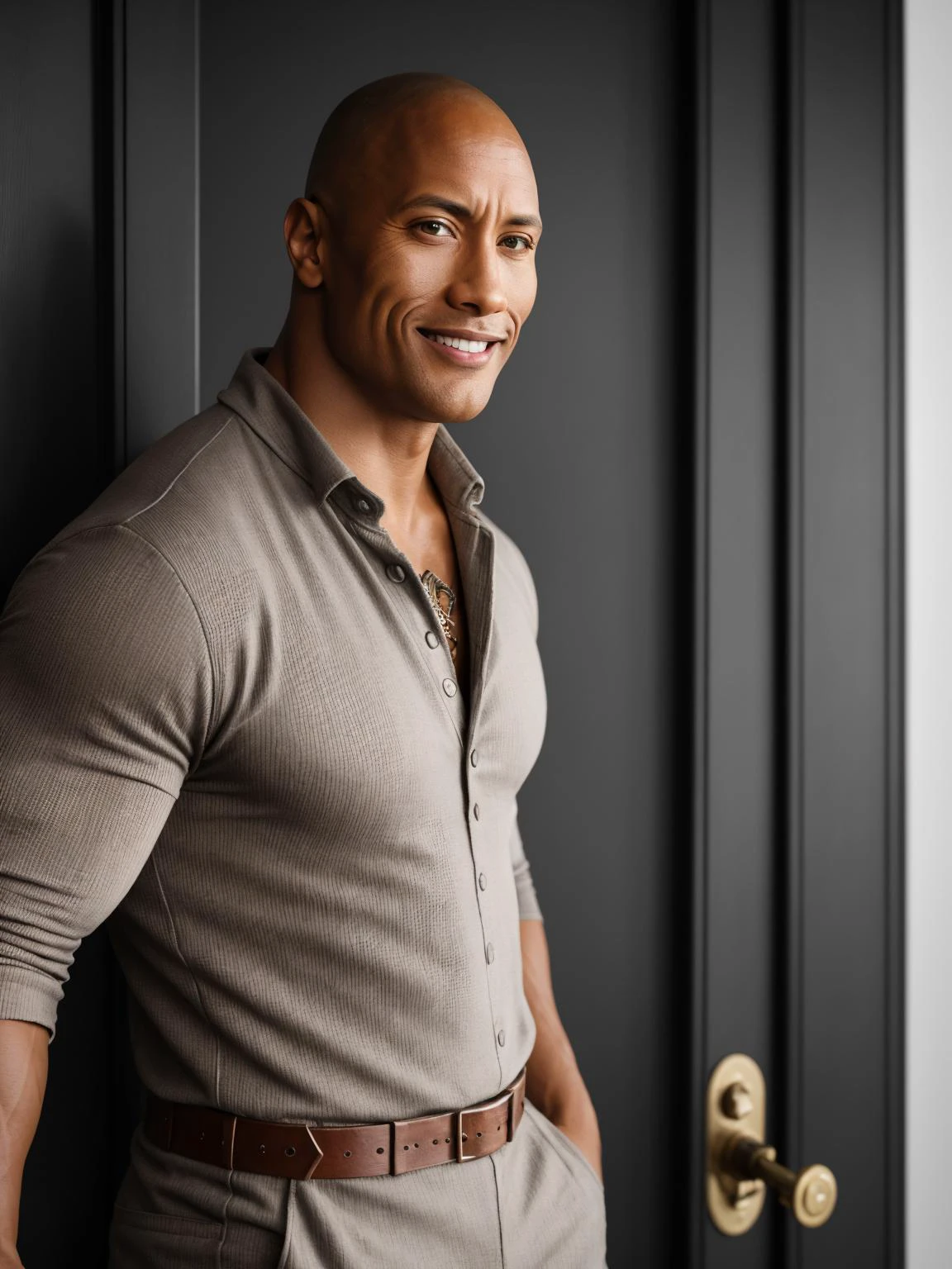professional photo of Dwayne Johnson, waves haircut hair, perfect eyes, wearing silvergray aztec jumpsuit, pyrrole red linen henley shirt, , gorgeous smile, steampunk city flue pipe,door,skylight, upper body shot low lighting, moody, large depth of field, deep depth of field, highly detailed, three quarter shot