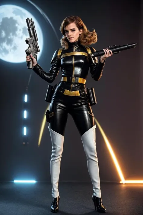 1girl,women,(emma watson:1.1),Future these,1950s scifi, Dressed like (BARBARELLA:0.9) from the 1968 movie (BARBARELLA:0.9),holding a blaster gun,(big hair:1.1),Best quality,4k,Realistic,highly detailed,(Full body photo:1.5)