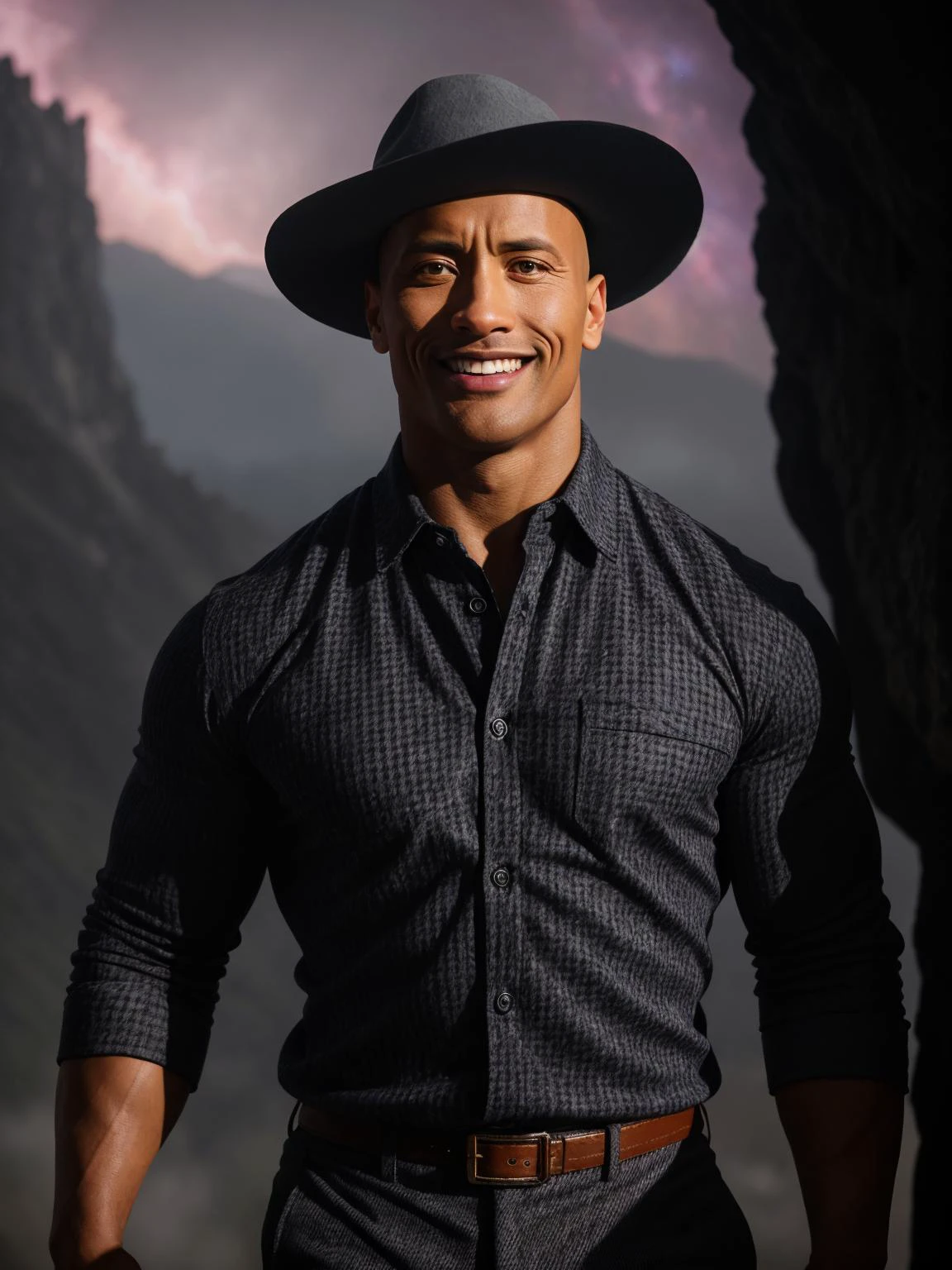 professional photo of Dwayne Johnson, choppy crop hair, perfect eyes, wearing Jockstraps, lavendergray houndstooth Slim Fit, chukka boots, sun hat, , gorgeous smile, magical realm nebula,apocalyptic event,mountaineer, upper body shot low lighting, moody, large depth of field, deep depth of field, highly detailed, three quarter shot