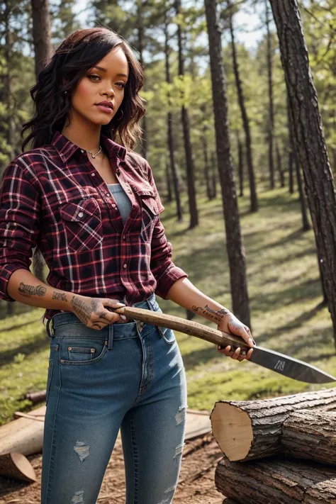 1girl,women, chopping wood with an axe, wearing stone washed jeans and a flannel shirt,outdoors, springtime, Rihanna,Best quality,4k,Realistic,highly detailed,