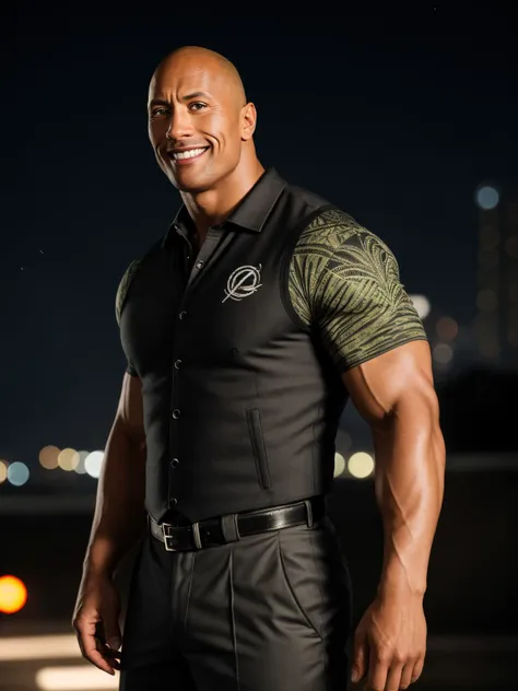 professional photo of Dwayne Johnson, brush cut hair, perfect eyes, wearing alien glyph print    quantum-linked fabric graphene pleated skirt, olive microchip vest, quantum-linked loafers, holographic baseball cap, sonic sound amplifier ,graphene eye patch , gorgeous smile, background blur architecture utopian city cavern,nocturnal creatures,perseid meteor shower, upper body shot low lighting, moody, large depth of field, deep depth of field, highly detailed, three quarter shot