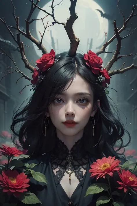 portrait of the most beautiful form of chaos, elegant, a brutalist designed, vivid colours, romanticism, by james jean, roby dwi antono, ross tran, francis bacon, michal mraz, adrian ghenie, petra cortright, gerhard richter, takato yamamoto, ashley wood, a girl wearing intricate dead details flowers, intricate flowers as dress, ((decay and spooky)), plants and branches, atmospheric, trending on artstation. 8 k masterpiece, ((symmetry))