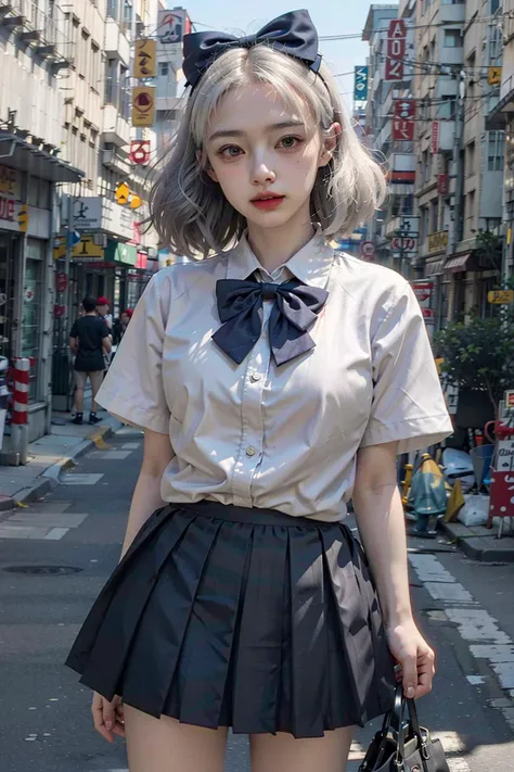 Masterpiece, 1 girl, waist up, faint smile, shiny skin, best quality, masterpiece, (realistic: 1.4), school uniform, pleated skirt, black stockings, background blur, focal length on person, (large aperture: 1.2), pink hair, necklace, earrings, japanese street, night