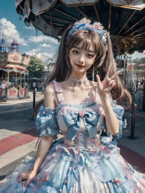 Exaggerated details, a cute 8 year old asian girl with a shy expression, smile, long eyelashes (long hair / big breasts / wearing a gorgeous princess dress, not nude) standing in the street, posing to the camera