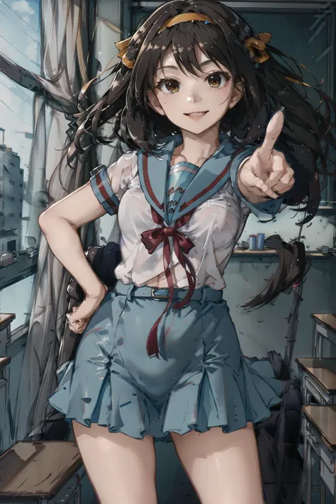 masterpiece, best quality, highres, 1girl, suzumiya haruhi, solo, kita high school uniform, blue sailor collar,  sailor collar, blue skirt, brown hair, short hair, brown eyes, armband, hairband, medium hair, ribbon, socks, medium breasts, <lora:suzumiya_haruhi_v10:0.7>, cowboy shot, standing, smile, outdoors, hands on hips, (pointing:1.2), classroom, <lora:nwsjmajic-10:1>