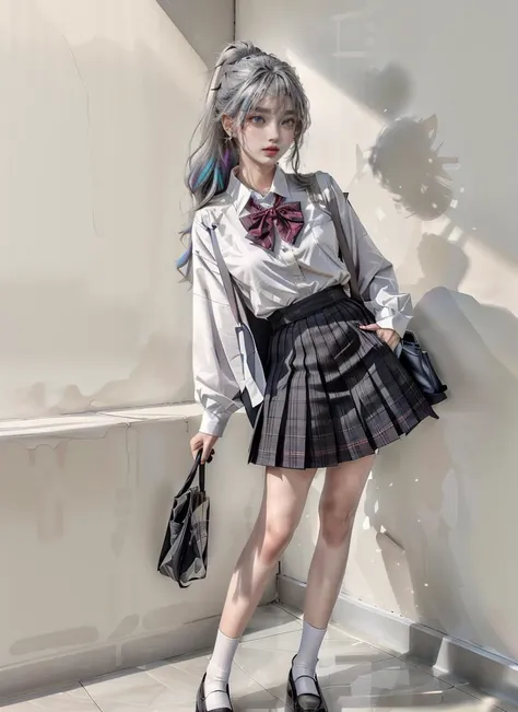 NSFW,masterpiece,best quality,highres,absurdres,8k,
yellow background,1girl,solo,long hair,shirt,white shirt,grey hair,blonde hair,hair ornament,bangs,full body,lips,blue eyes,realistic,(multicolored hair:1.1),blush,stare down,staring,parted lips,<lora:BeautyNwsjMajic2-01:0.6>,<lora:more_details:0.4>,early teen,fair_skin,lipstick,mascara,makeup,upper_teeth,brooch,earrings,cross_earrings,high ponytail,bowtie,<lora:jk uniform:0.5>,jk_suit,jk_style,jk_shirt,jk_skirt,jk_sailor,jk_tie,flashback,<lora:jyzjk:0.4>,leggings,legwear,black_bodystocking,single_leg_pantyhose,socks,(arms behind back:1.1),standing,loafers,white_marble_glowing_skin,