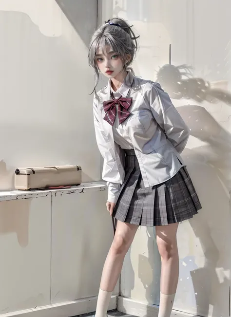 NSFW,masterpiece,best quality,highres,absurdres,8k,
yellow background,1girl,solo,long hair,shirt,white shirt,grey hair,blonde hair,hair ornament,bangs,full body,lips,blue eyes,realistic,(multicolored hair:1.1),blush,stare down,staring,parted lips,<lora:BeautyNwsjMajic2-01:0.6>,<lora:more_details:0.4>,early teen,fair_skin,lipstick,mascara,makeup,upper_teeth,brooch,earrings,cross_earrings,high ponytail,bowtie,<lora:jk uniform:0.5>,jk_suit,jk_style,jk_shirt,jk_skirt,jk_sailor,jk_tie,flashback,<lora:jyzjk:0.4>,(single_leg_pantyhose:1.1),socks,(arms behind back:1.1),standing,loafers,white_marble_glowing_skin,