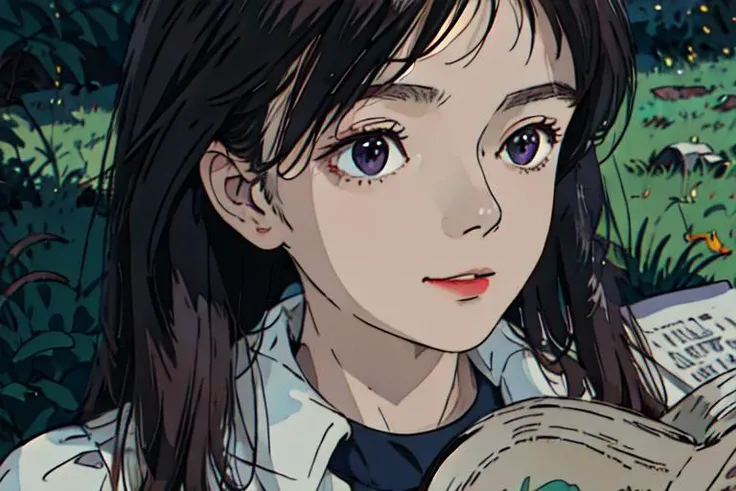 <lora:nwsjmajic-10:0.8>,<lora:ghibli_style_offset:0.8>,ghibli style,< realistic, chromatic aberration, cinematic light, finely detailed face>, portrait, :), High neck dress, Long hair, Purple Eyes, disheveled hair,((1girl)),Lie on the grass and read a book, masterpiece