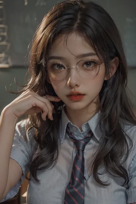 masterpiece,best quality,girl,Head Close-up,(skin texture),in the classroom,wearing glasses,Teacher's Uniform,Real people,