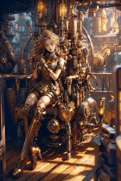 meccog, full shot, full body, Best quality, masterpiece, ultra high res, (photorealistic:1.4), absurdres,cinema lighting, (a best long shot photo of a mechanical girl repairing herself),(koh_amberheard:0.9), insanely detailed face, hyper realistic, steampunk, intricate design, insanely detailed, fine details, <lora:Steampunkcog:0.8>,beautiful,pretty face,