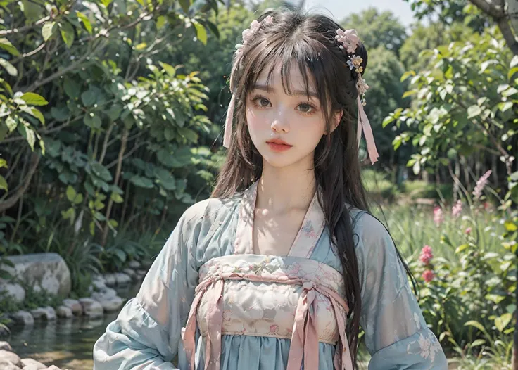 masterpiece, best quality,realistic,(realskin:1.5),1girl,longhair,no_bangs, looking at viewer,realskin,softlight , <lora:tangStyle17:0.55>,(closed mouth:1.1), happy, (hanfu, tang style outfits, blue long upper shan, pink chest pleated skirt, pink waistband), solo,