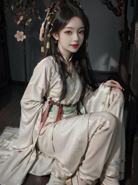 (8k, RAW photo, best quality, masterpiece:1.2), (realistic, photo-realistic:1.37),professional lighting, photon mapping, radiosity, physically-based rendering,beautiful studio soft light,CG,wallpaper,extremely detailed,(ore details:1.3),
<lora:hanfu_v30Ming:0.6>,<lora:nawu:0.75>,
1girl,perfect face, perfect eyes,young,long eyelashes,puckered lips,(long hair:1.3),puckered lips,(fullbody:1.5),long hair,big eyes,lying,tilting head,Hair accessories,random posture,little smile,
((hanfu,ming style):1.5),sitting,
flower field,cherry blossoms ,