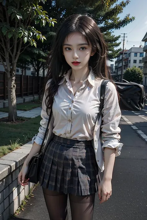 (photorealistic:1.4),8k,1girl, (masterpiece), best quality, highest quality, (detailed face:1.5),original,highres, unparalleled masterpiece, ultra realistic 8k, perfect artwork, ((perfect female figure)),mature female, milf, narrow waist, skinny,detailed skin, solo, pantyhose, skirt, jacket, school uniform, twintails, white background, bag, shoes, black pantyhose, simple background, black footwear, loafers, blazer, full body, standing, cardigan, plaid, school bag, necktie, pleated skirt, standing on one leg, brown eyes, long hair, black hair, low twintails, sleeves past wrists, long sleeves, plaid skirt, bangs, black jacket, miniskirt, shirt, open clothes, black skirt, collared shirt,high school, school , school gate, street,afternoon,nature light,outdoors, tree, bus stop,200 mm,low position,lens flare, <lora:nwsjmajic-10:0.7> <lora:shojovibe_v11:0.2> <lora:change:0.4>