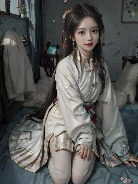 (8k, RAW photo, best quality, masterpiece:1.2), (realistic, photo-realistic:1.37),professional lighting, photon mapping, radiosity, physically-based rendering,beautiful studio soft light,CG,wallpaper,extremely detailed,(ore details:1.3),
<lora:hanfu_v30Ming:0.6>,<lora:nawu:0.75>,
1girl,perfect face, perfect eyes,young,long eyelashes,puckered lips,(long hair:1.3),puckered lips,(fullbody:1.5),long hair,big eyes,lying,tilting head,Hair accessories,random posture,little smile,
((hanfu,ming style):1.5),sitting,
flower field,cherry blossoms ,