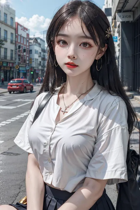 A woman with long black hair sitting on a bench in the street - SeaArt AI