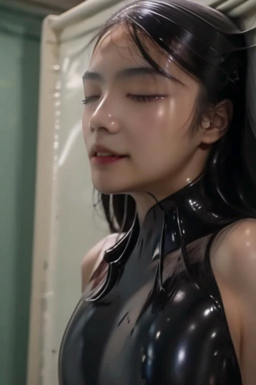8k,photorealistic,1 girl,beautiful ,detailed girl,masterpiece,long hair, highly detailed, outdoors, parted lips, realistic, real world location, rain, wet ,((vacbed)),letterboxed,pillarboxed,black_border,close eyes,latex suit,