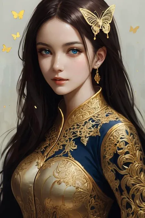 8k portrait of beautiful cyborg with brown hair, intricate, elegant, highly detailed, majestic, digital photography, art by artgerm and ruan jia and greg rutkowski surreal painting gold butterfly filigree, broken glass, (masterpiece, sidelighting, finely detailed beautiful eyes: 1.2), hdr,
 <lora:nwsjmajic-10:0.4>