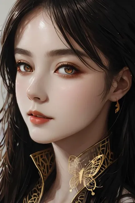8k portrait of beautiful cyborg with brown hair, intricate, elegant, highly detailed, majestic, digital photography, art by artgerm and ruan jia and greg rutkowski surreal painting gold butterfly filigree, broken glass, (masterpiece, sidelighting, finely detailed beautiful eyes: 1.2), hdr,
 <lora:nwsjmajic-10:0.6>