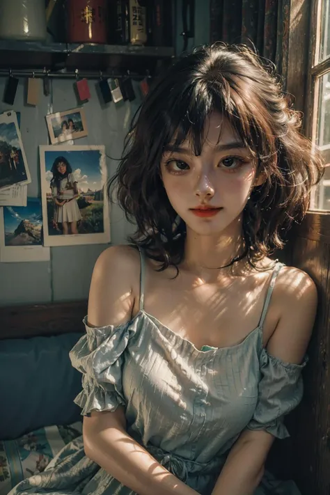 (photorealistic:1.4), official art, unity 8k wallpaper, ultra detailed,exquisitely detailed skin,(cinematic angle)(moody lighting)(film grain:1.2)cinematic lighting,beautiful and aesthetic, masterpiece,best quality, glowing skin,
(a bright summer day)
1girl, solo focus, wearing wavy short hair, bare shoulders, [flower|suspended Dress:1.3], hot summer, 1980s \(style\), taiwan,emotional,sentimental,
<lora:FilmG2:0.4>
<lora:wong kar wai:0.5:COLOR-STYLE>