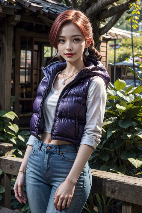 a cute girl,20 yo,Violet eyes, red hair, Long Goddess Braids Hairstyle, wearing (colorful:1.3) Puffer vest and jeans, at Whimsical treehouse nestled in the treetops, side view, earrings,diamond necklace, In Moonlight,dramatic lighting , ((masterpiece)), (best quality), (highres), original, extremely detailed 8K , (photorealistic:1.4),flawless face, perfect eyes,symmetrica body shape,(full body),smile,<lora:add_detail:1>,<lora:PerfectNwsjMajic_4:0.6>