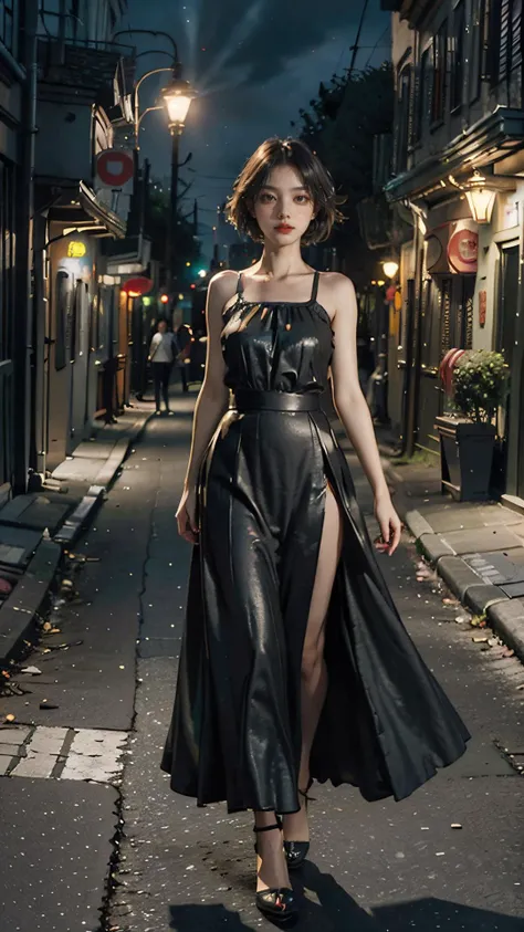 Best quality,masterpiece,ultra high res,(photorealistic:1.4),raw photo,((A woman standing under a streetlight on an unpopular street at night)),(Elegant dress with long skirt and deep slit:1.2),full body,1girl,looking away,darkness,night,dark dramatic,<lora:PerfectNwsjMajic_4:0.9>,