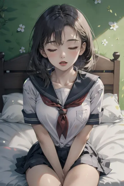 (absurdres, highres, ultra detailed),highres, 1girl,<lora:PerfectNwsjMajic_4:0.8>, PerfectNwsjMajic,sitting on bed, upper body,closed eyes, open mouth, open clothes, <lora:incoming_kiss:0.6>, incoming kiss,school uniform,