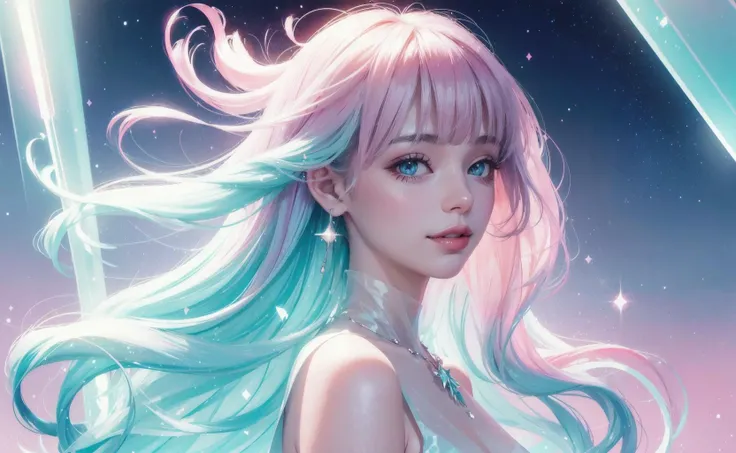 (fluorescent colors:1.4),(translucent:1.4),(retro filters:1.4), (fantasy:1.4), candy world Disney land ethereal soft fluffy soft landscape forest snowavatar Pastel pink sky green blue sparkle ethereal light pastel whimsical light rainbow stars diamonds sparkle gemstone background hyper realistic Ultra quality cinematic lighting immense detail Full hd painting Well lit,diagonal bangs,
fit and flare dress,arms behind back
masterpiece, best quality,realskin,(portrait:1.5), 1girl, blunt bangs, long hair ,full body,