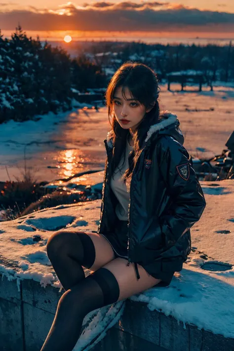 (1girl, young beauty, winter jacket, thighhighs), sitting, from above, sharp focus,
,((sunset)),volumetric fog, outdoors,