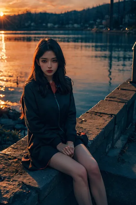 (1girl, young beauty), sitting, from above, sharp focus,
,((sunset)),volumetric fog, outdoors,