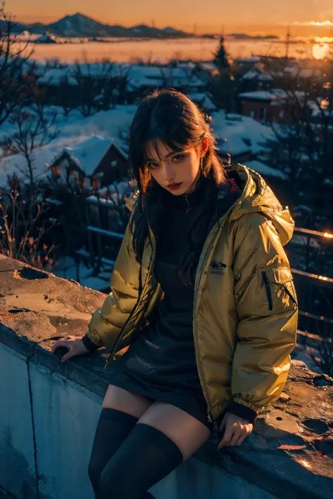 (1girl, young beauty, winter jacket, thighhighs), sitting, from above, sharp focus,
,((sunset)),volumetric fog, outdoors,