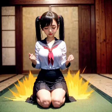 big eyes, black hair, twintails,