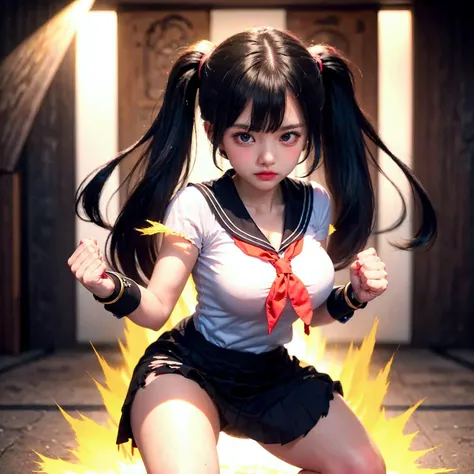 big eyes, black hair, twintails,