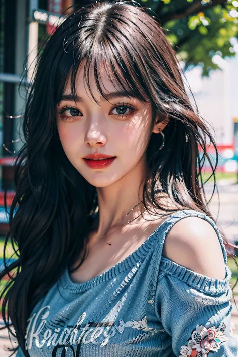Best quality, masterpiece, ultra high res, raw photo, beautiful and aesthetic,deep shadow, dark theme,(photorealistic:1.4),
(1girl, long hair, laughing, (wind blowing hair, black hair with bangs), print shirt, small face, off shoulders), slim body, fit, cowboyshot, fashi-girl,
Graceful poise, evocative atmosphere, magnetic presence, refined seduction, captivating mystique,
Intricate zentangle patterns, a single female figure, astonishing level of detail, generously endowed, portrait composition, striking perspective, a chaotic masterpiece, gracefully poised, inspired by brutalist architecture, vibrant color palette, undertones, outdoors,