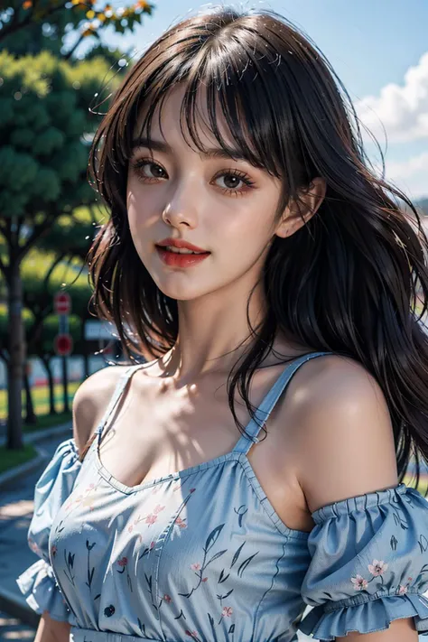Best quality, masterpiece, ultra high res, raw photo, beautiful and aesthetic,deep shadow, dark theme,(photorealistic:1.4),
(1girl, long hair, laughing, (wind blowing hair, black hair with bangs), print shirt, small face, off shoulders), slim body, fit, cowboyshot, fashi-girl,
Graceful poise, evocative atmosphere, magnetic presence, refined seduction, captivating mystique,
Intricate zentangle patterns, a single female figure, astonishing level of detail, generously endowed, portrait composition, striking perspective, a chaotic masterpiece, gracefully poised, inspired by brutalist architecture, vibrant color palette, undertones, outdoors,