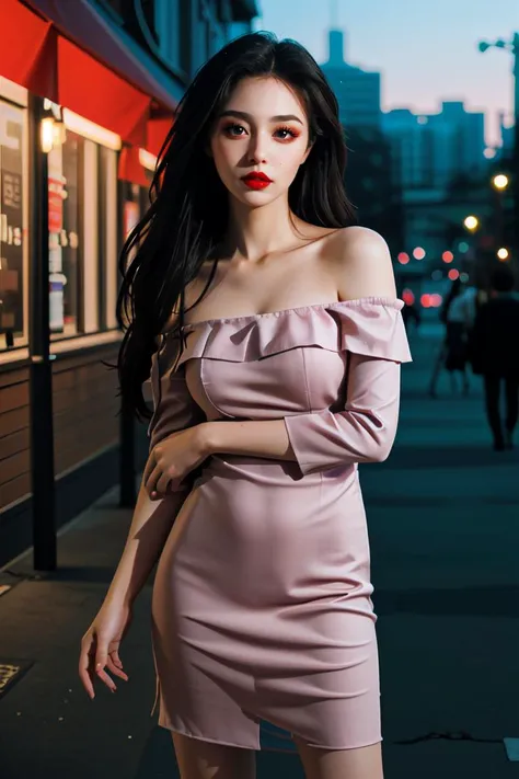 masterpiece,best quality,(photorealistic:1.4),ultra high res,
1girl,thin,cute face,big eyes,red lips,makeup,long hair,
off-shoulder dress,cowboy shot,standing,cityscape,night <lora:BeautyNwsjMajic2-01:0.5> <lora:FilmVelvia2:0.5>FilmG,PerfectNwsjMajic