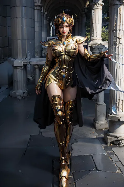 masterpiece,best quality,illustration,official art,unity 8k wallpaper,hyperrealism,ultra detailed,dynamic angle,(Golden armor:1.2),helmet,<lora:LeoArmor:0.7>,leoarmor,(floor-length cloak:1.6),1girl,solo,(full body:1.4),(Black fun underwear:1.1),(exposed thighs:1.2),(Overlooking the viewer:1.1),(Upper body:1),(Slender thighs:1.5),Model figure,(narrow waist:1.3),wide hips,Sexy figure,(Blue eyes:1.3),thick hair,(short hair:1.2),prehensile_hair,(brawn hair:1.3),(C cup:1),(greece:1.1),(Greek stone pillar:1.2),outdoors,An exaggerated pose,Contrast composition,<lyco:GoodHands-beta2:0.4>,confident expression,confident posture,walking