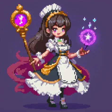 For an image of a cartoon-style video game character: A well-proportioned female magician dressed in a maid outfit, exuding a blend of elegance and mystical charm. She stands confidently, with a staff in hand, showcasing ornate magical symbols. The costume is a blend of classic maid attire and magical elements, featuring frilly apron details and a flowing cape. Her expression is playful yet focused, capturing the essence of a character ready for both service and sorcery. The background is a whimsical, enchanting setting, fitting for a fantasy game world, <lora:pixelgirl:0.75>