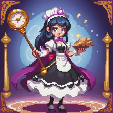 For an image of a cartoon-style video game character: A well-proportioned female magician dressed in a maid outfit, exuding a blend of elegance and mystical charm. She stands confidently, with a staff in hand, showcasing ornate magical symbols. The costume is a blend of classic maid attire and magical elements, featuring frilly apron details and a flowing cape. Her expression is playful yet focused, capturing the essence of a character ready for both service and sorcery. The background is a whimsical, enchanting setting, fitting for a fantasy game world, <lora:pixelgirl:0.75>