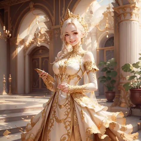 <lora:IvoryGoldAIv2:.9> IvoryGoldAI dress on woman, smiling