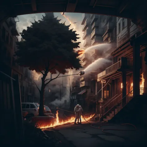 two people in space suits fighting with a fire hydrant in the background, with a tree in the foreground, Filip Hodas, cinematic concept art, an ambient occlusion render, auto-destructive art, <lora:IvoryGoldAIv2:1>