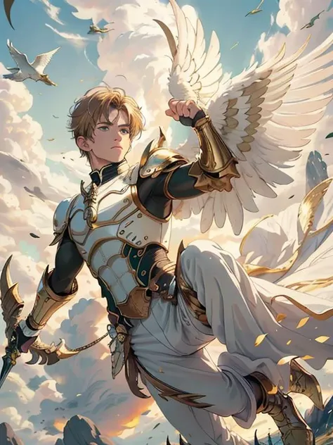masterpiece, best quality, RTX, ambient occlusion,sunset, rim lighting, solo,((1boy)),25 years young, logan lerman,((athletic fit male)),(gold hair), ((green eyes)),large fluffy white feathered wings, majestic wings, ivory gold armor <lora:IvoryGoldAIv2:.6>, (WarriorStyle),holding ivory gold bow,(short brown hair), boots, solo, ivory pants,armor, bow, holding bow, action shot, flying high in sky, wings spread, clouds, sunset,aiming,