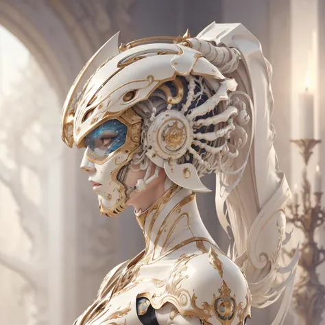 organic cyborg, mask,  eye shield,  helmet, long hair, white plastic, diffuse lighting, fantasy, intricate, elegant, highly detailed, lifelike, photorealistic, digital painting, artstation, illustration, concept art, smooth, sharp focus, art by John Collier and Albert Aublet and Krenz Cushart and Artem Demura, upper body, IvoryGoldAI
 <lora:IvoryGoldAI:0.8>