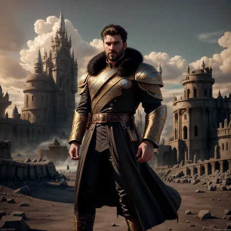 young dark magician in an elegant black caftan and a heavy fur coat, (dark coat and suit:1.2), 20 year old man with light bristles, <lora:IvoryGoldAIv2:1>, (upper body), mage-commander of the army of Darkness, (close up), the commander stands on the ruins of the captured city, destroyed war-torn citadel on background, (all in fire and blood), disdain, angry, tired, looking at camera, evil army on background, highly detailed, 8k HD, photorealistic digital art trending on Artstation 8k HD high definition detailed realistic, masterpiece, high quality, sharp focus, hdr, cinema shot, trending on ArtStation, Intricate, High Detail, Sharp focus, dramatic, photorealistic painting art by midjourney, <lora:add_detail:0.5>