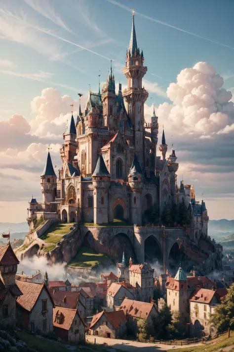 Sunlight shines down onto a medieval fantasy princess castle, it stands shining white and gold, with pink roofs and spires, pink castle spires reach to the heavens, on a tall mountain top, Standing on the medieval fantasy princess castle parapets you can see a lush overgrown rich green forest and grassland reachs to the far horizon, past the medieval village that surrounds the castle at the foot of the mountain,
(detailed realistic background:1.3),
(official art, beautiful and aesthetic:1.2),
realistic lighting,
<lora:more_details:0.8> <lora:IvoryGoldAIv2:0.8> IvoryGoldAI