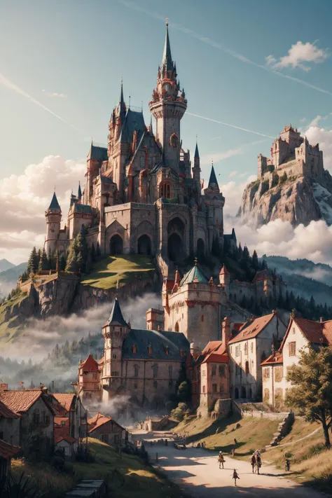 Sunlight shines down onto a medieval fantasy princess castle, it stands shining white and gold, with pink roofs and spires, pink castle spires reach to the heavens, on a tall mountain top, Standing on the medieval fantasy princess castle parapets you can see a lush overgrown rich green forest and grassland reachs to the far horizon, past the medieval village that surrounds the castle at the foot of the mountain,
(detailed realistic background:1.3),
(official art, beautiful and aesthetic:1.2),
realistic lighting,
<lora:more_details:0.8> <lora:IvoryGoldAIv2:0.8> IvoryGoldAI