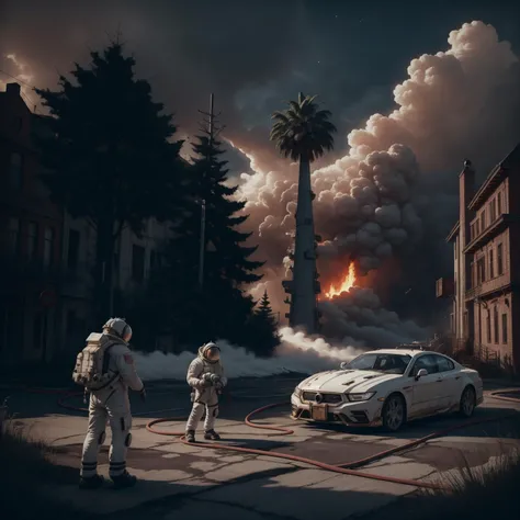 two people in space suits fighting with a fire hydrant in the background, with a tree in the foreground, Filip Hodas, cinematic concept art, an ambient occlusion render, auto-destructive art, <lora:IvoryGoldAIv2:1>