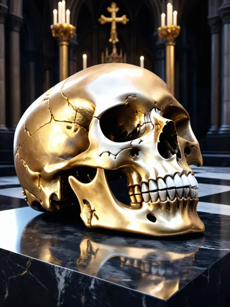 texture ivorygold human skull,intricately detailed,sitting on a granite pedestal in a dark cathedral,accurate textures and reflections,8K,closeup,dynamic lighting,<lora:IvoryGold:1>, top down close-up