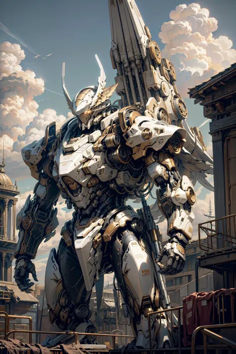 (masterpiece, best quality:1.3),extremely high detailed, intricate, 8k, HDR, wallpaper, cinematic lighting, <lora:Mecha:1> sky, cloud, holding weapon,  glowing, armor, building, glowing eyes, mecha, science fiction,space, realistic,mecha, wings, <lora:IvoryGoldAIv2:0.5>